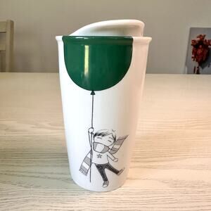 Starbucks 2014 Boy with a Green Balloon White Tumbler Travel Mug Cup & Lid